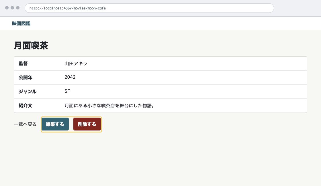 映画詳細画面の下部に、一覧へ戻る、編集する、削除するの三つの操作が並ぶ完成画面